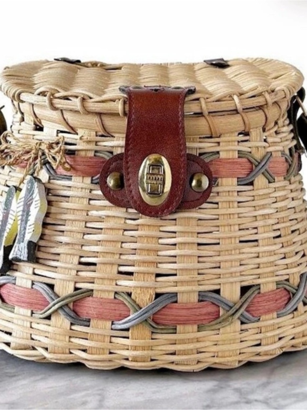 Fishing Creel Basket Woven Shoulder Bag Beige & Brown